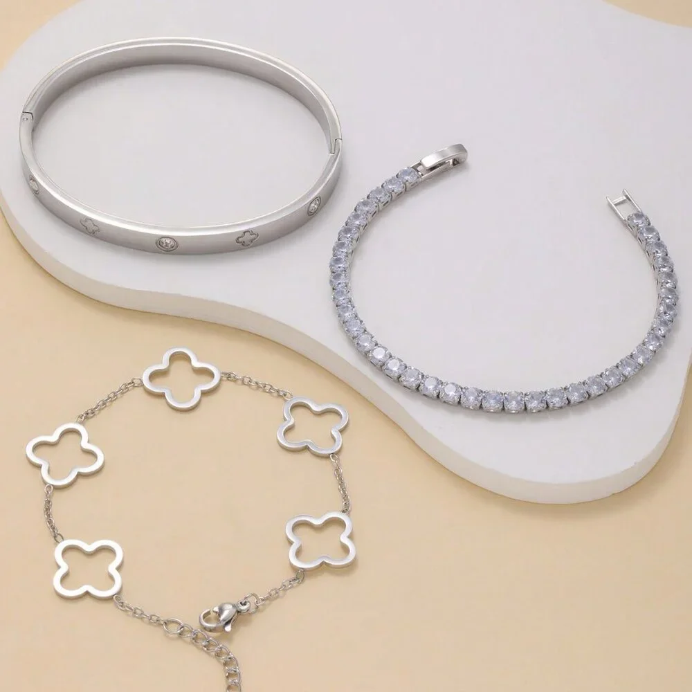 Silver Preppy Women's Inlaid Bangle Bracelet Set